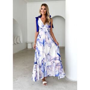 Gingham & Heels Havannah Tie Maxi Dress -Blue  Lapis Flame Size 10 NEW